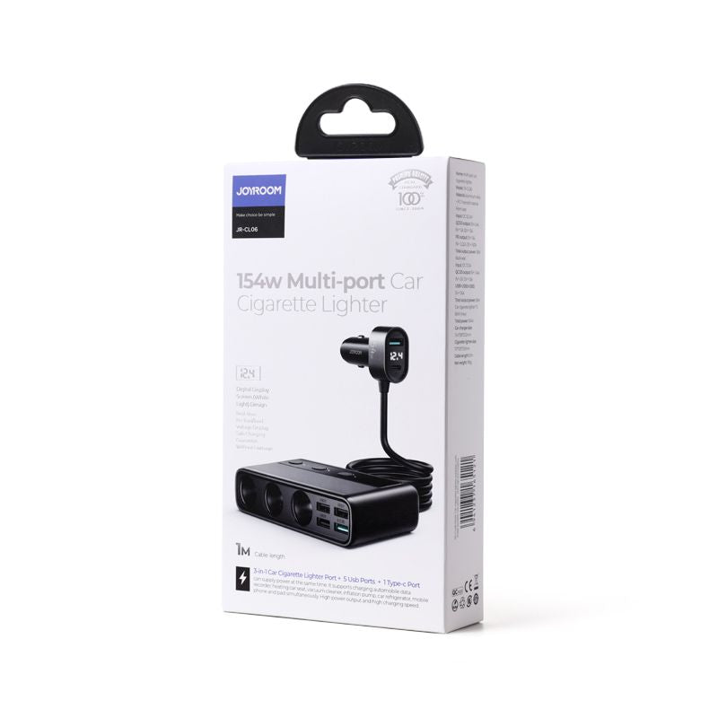 Joyroom JR-CL06 Car Charger, 154W, 3A, 4 x USB-A - 1 x USB-C - 4 x Cigarette Lighter Extension, Black JYR058BLK