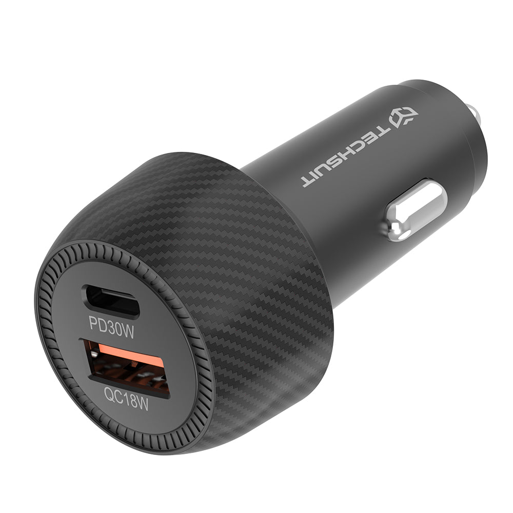 Cargador de coche Techsuit C7 CarbonVolt, 48W, 3A, 1 x USB-A - 1 x USB-C, Negro