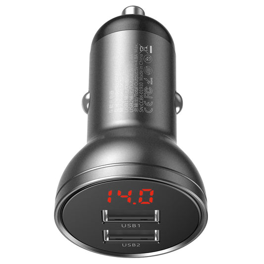 Cargador de coche con pantalla digital Baseus, 24 W, 2,4 A, 2 x USB-A, gris CCBX-0G