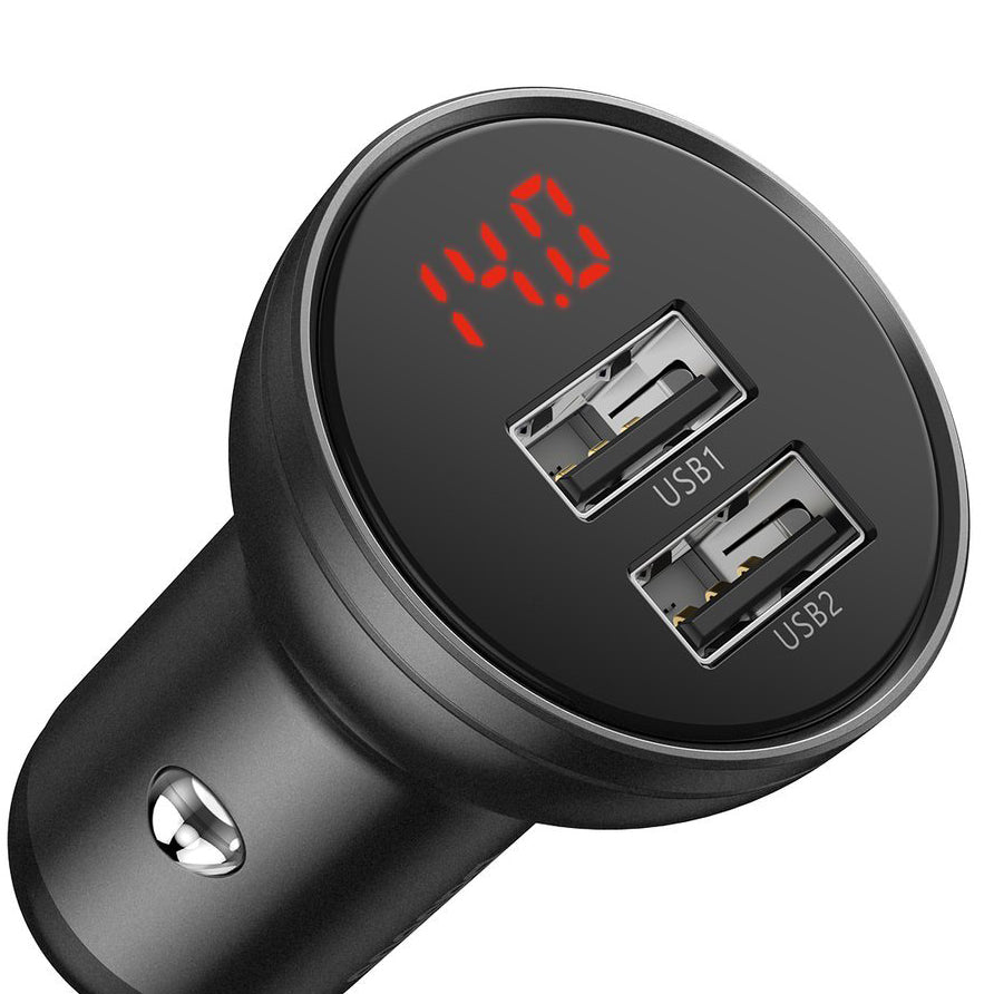 Baseus Digital Display Car Charger, 24W, 2.4A, 2 x USB-A, Grey CCBX-0G