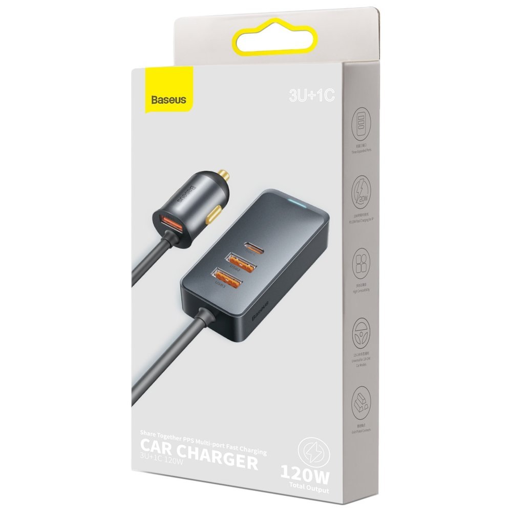 Cargador de coche Baseus Share Together, 120W, 3A, 3 x USB-A - 1 x USB-C, Gris CCBT-B0G