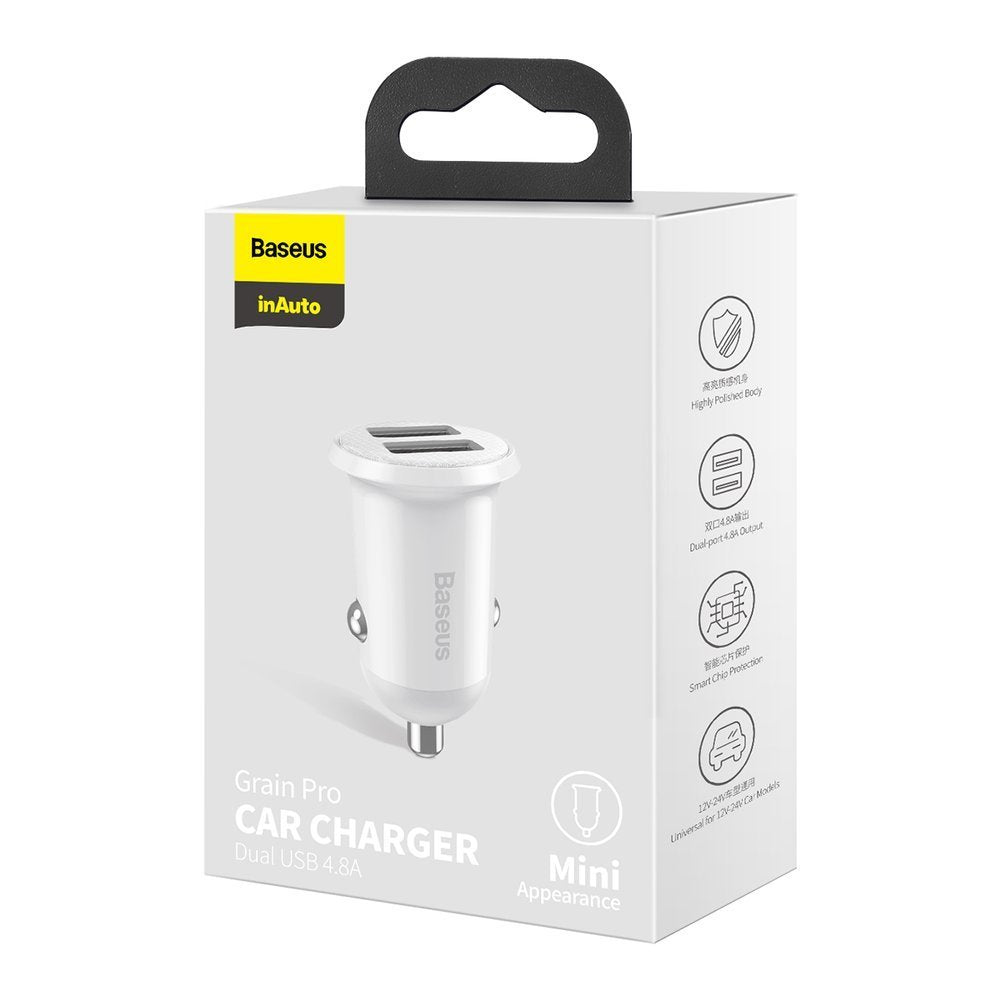 Cargador de coche Baseus Grain Pro, 24W, 2.4A, 2 x USB-A, Blanco CCALLP-02