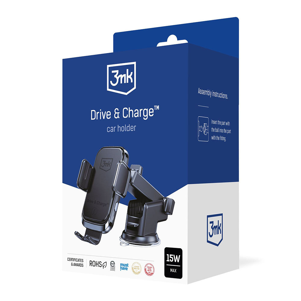 Cargador de Coche Inalámbrico 3MK Drive&Charge, 15W, 1.67A, Negro