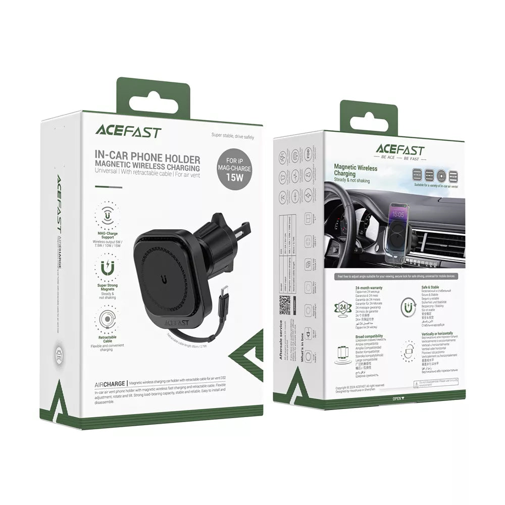 Cargador de Coche Inalámbrico Acefast D32, 15W, 1.67A, Negro