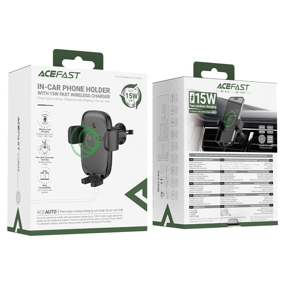 Cargador de Coche Inalámbrico Acefast D48, 15W, 1.67A, Negro