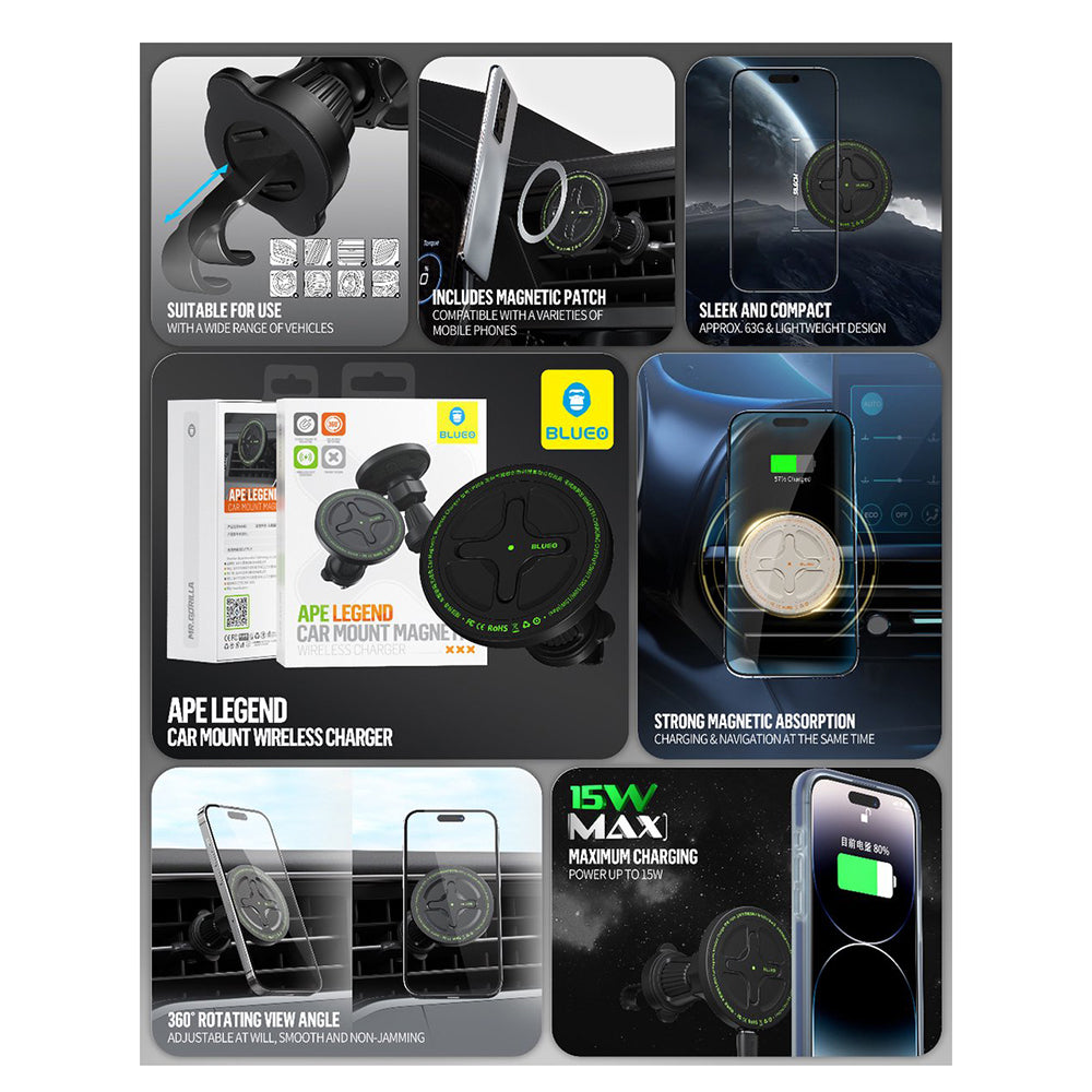 Cargador de Coche Inalámbrico Blueo Ape Legend, 15W, 1.67A, Negro