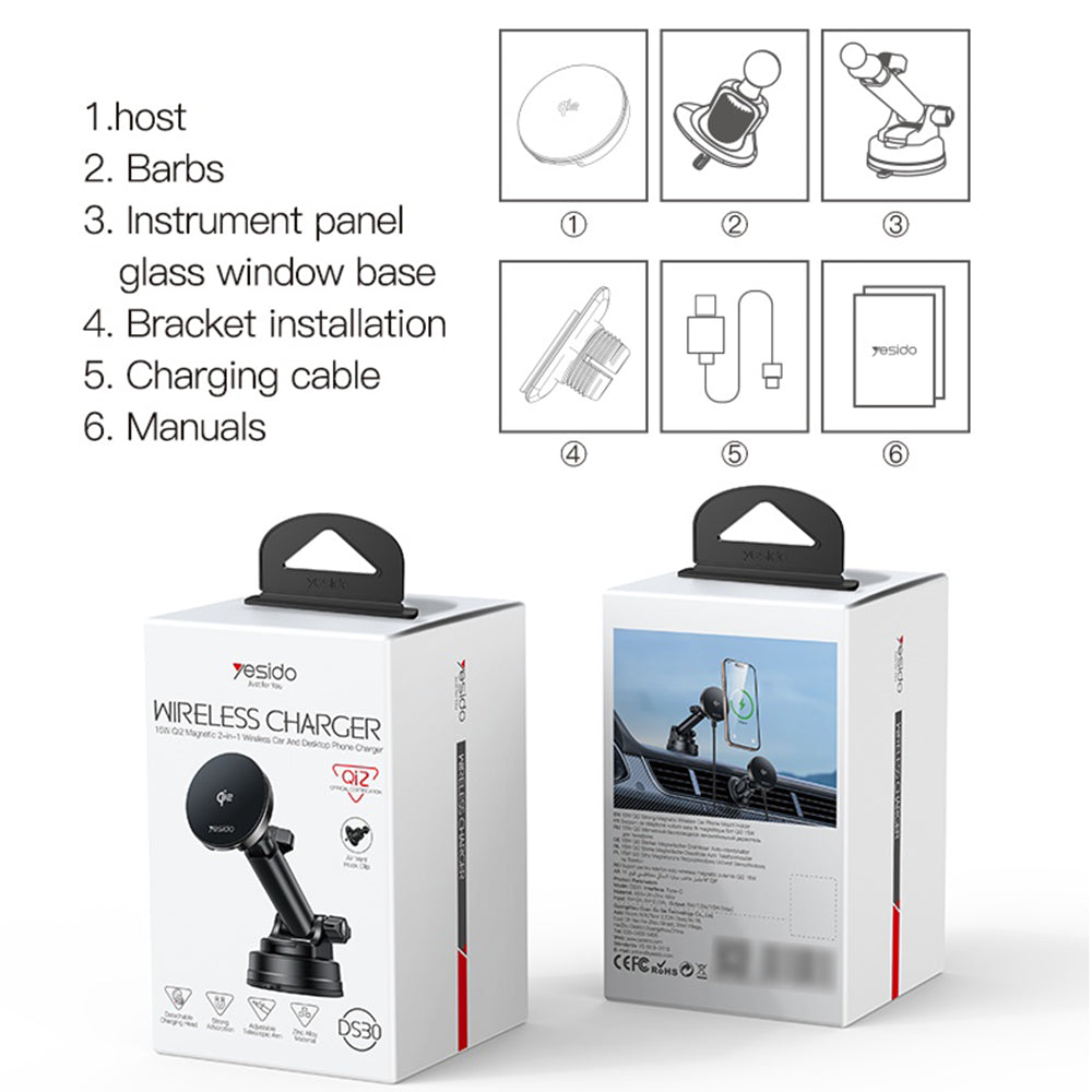 Cargador de Coche Inalámbrico Yesido DS30, 15W, 1.67A, Negro