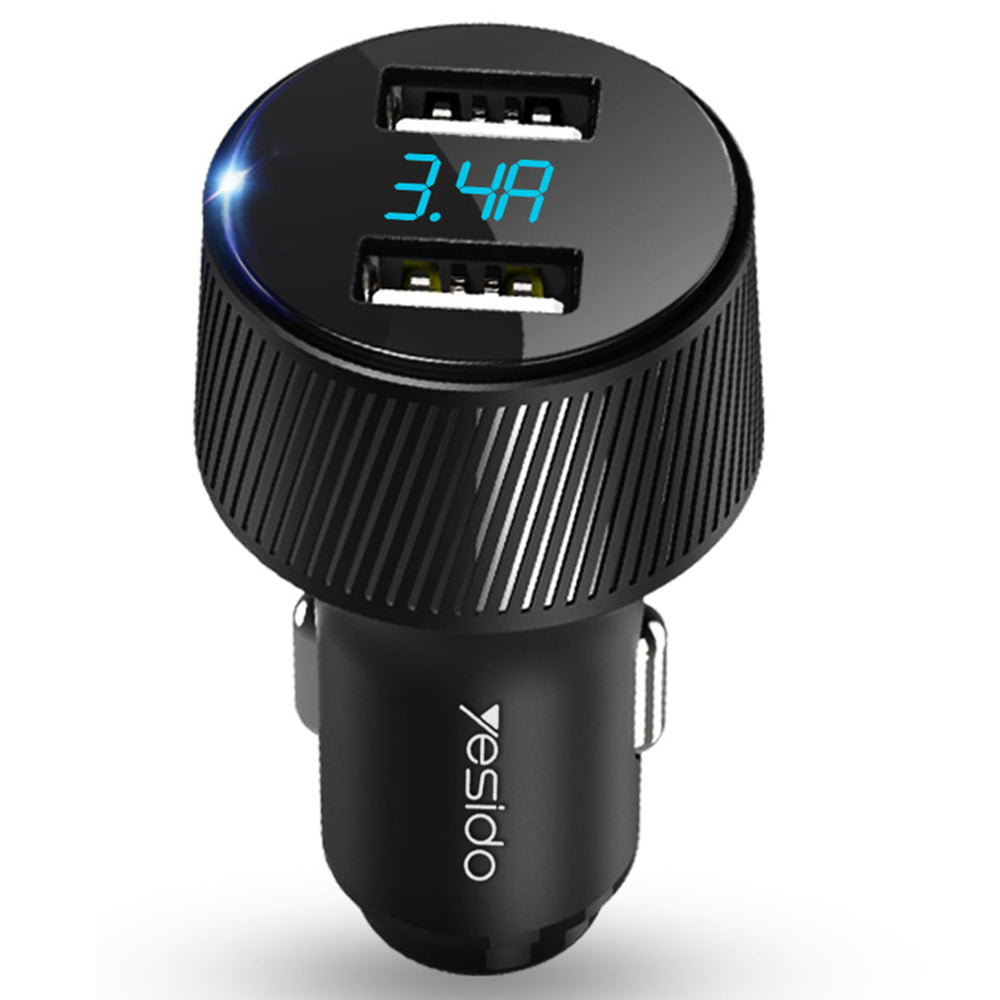 Cargador de coche Yesido Y31 Display, 18W, 3A, 2 x USB-A, Negro