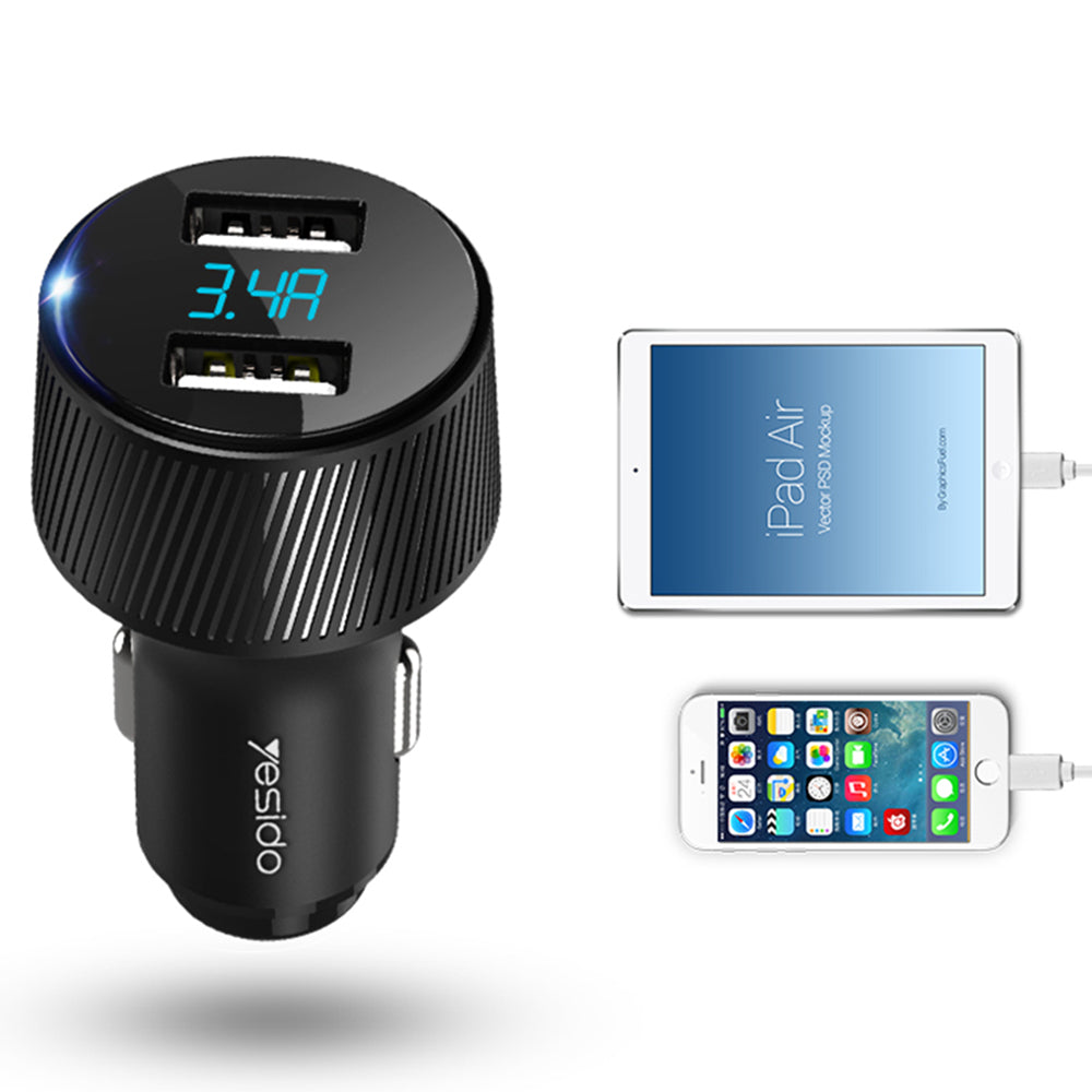 Cargador de coche Yesido Y31 Display, 18W, 3A, 2 x USB-A, Negro