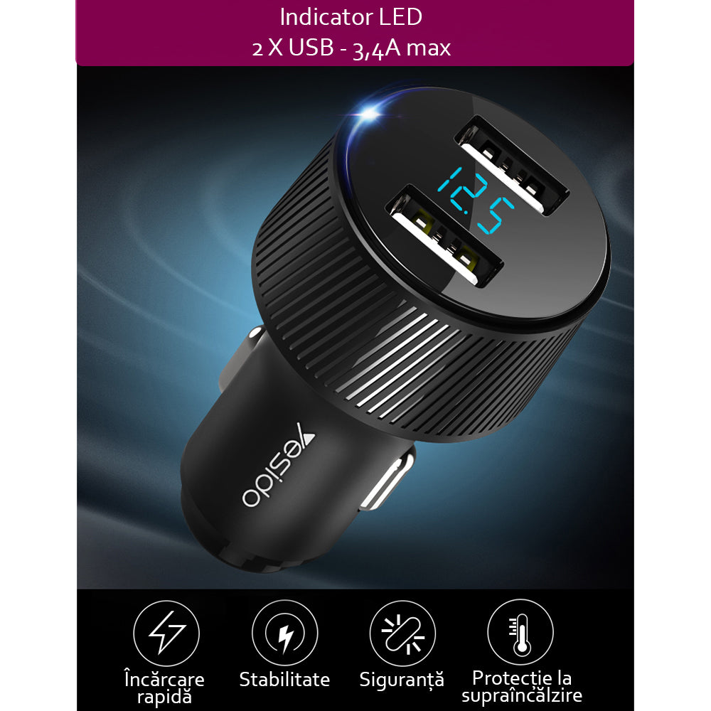 Cargador de coche Yesido Y31 Display, 18W, 3A, 2 x USB-A, Negro