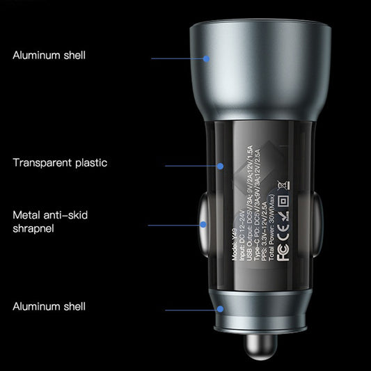 Cargador de coche Yesido Y49, 30W, 3A, 1 x USB-A - 1 x USB-C, Gris