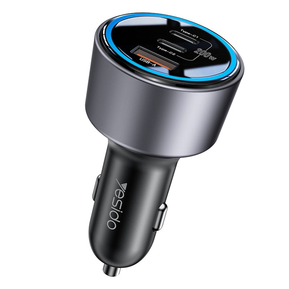 Cargador de coche Yesido Y59, 200W, 5A, 1 x USB-A - 2 x USB-C, Negro