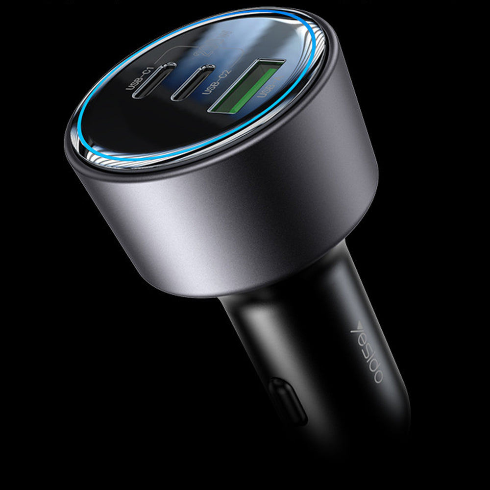 Cargador de coche Yesido Y59, 200W, 5A, 1 x USB-A - 2 x USB-C, Negro