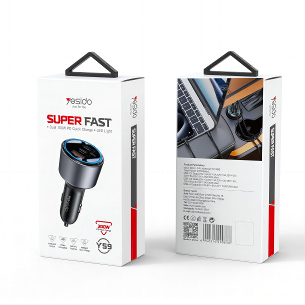 Cargador de coche Yesido Y59, 200W, 5A, 1 x USB-A - 2 x USB-C, Negro