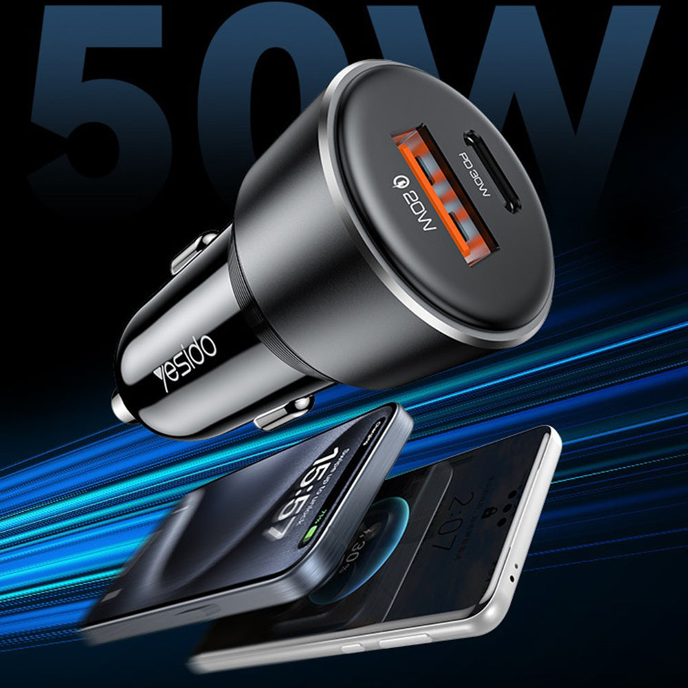 Cargador de coche Yesido Y64, 50W, 3A, 1 x USB-A - 1 x USB-C, Negro