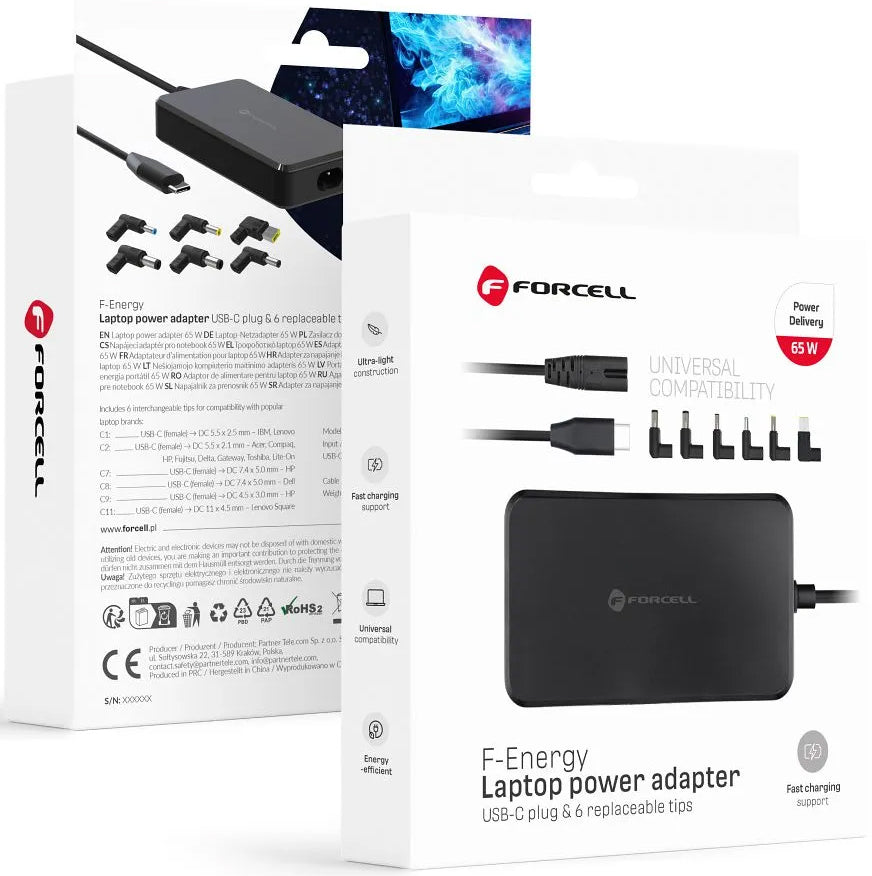 Cargador Forcell F-Energy E856, 65W, Universal, Negro