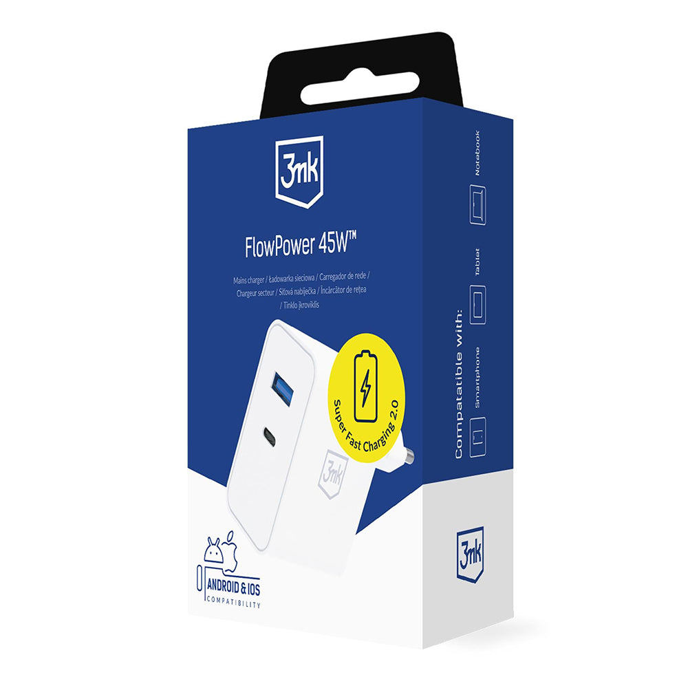 Cargador de Red 3MK FlowPower, 45W, 1 x USB-A - 1 x USB-C, Blanco