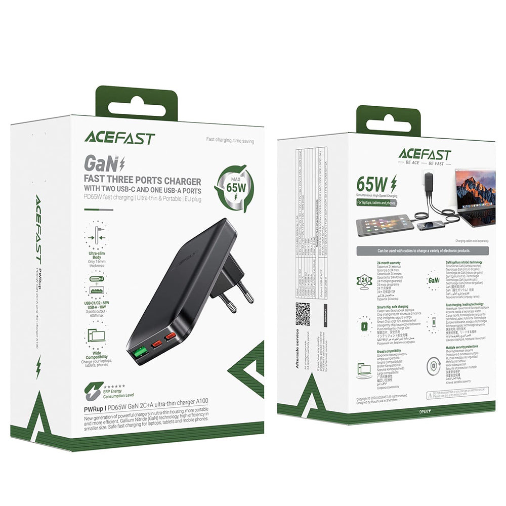 Cargador de Red Acefast A100, 65W, 3.25A, 1 x USB-A - 2 x USB-C, Negro