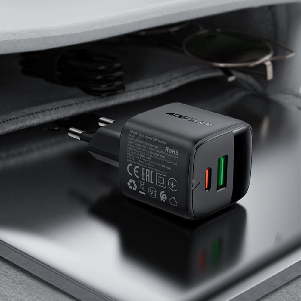 Cargador de Red Acefast A114 Display, 25W, 3A, 1 x USB-A - 1 x USB-C, Negro