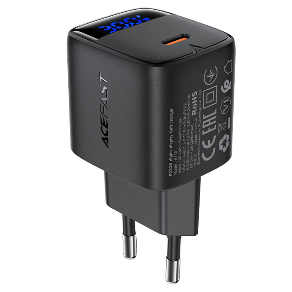 Cargador de Red Acefast A115 Display, 30W, 3A, 1 x USB-C, Negro