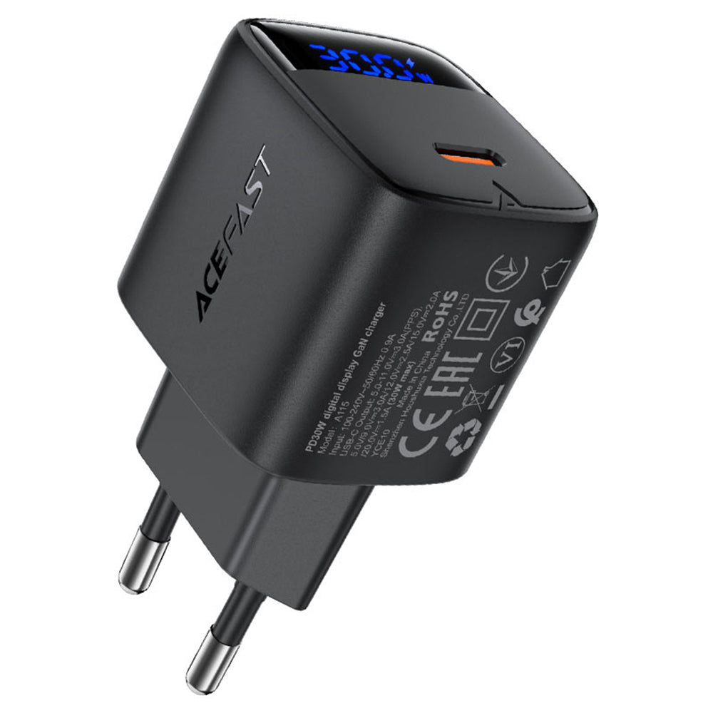 Cargador de Red Acefast A115 Display, 30W, 3A, 1 x USB-C, Negro