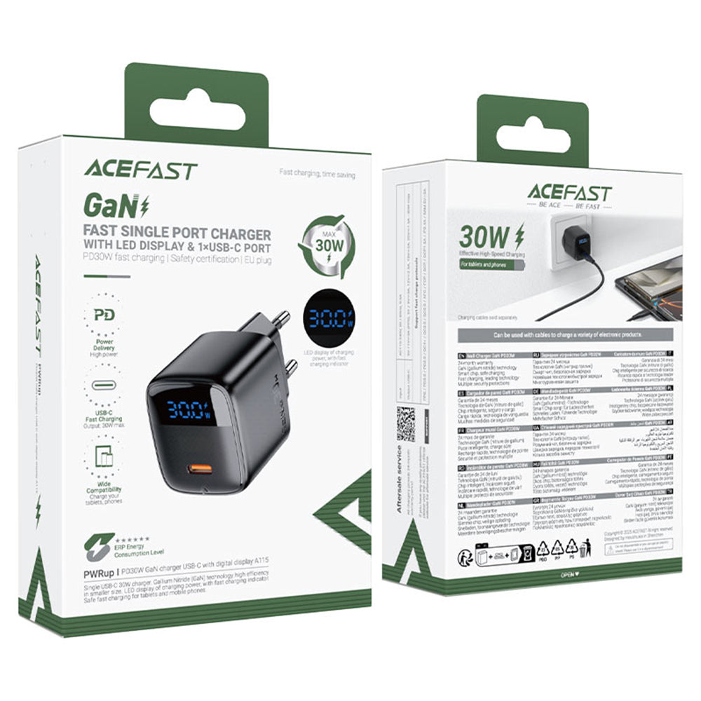 Cargador de Red Acefast A115 Display, 30W, 3A, 1 x USB-C, Negro