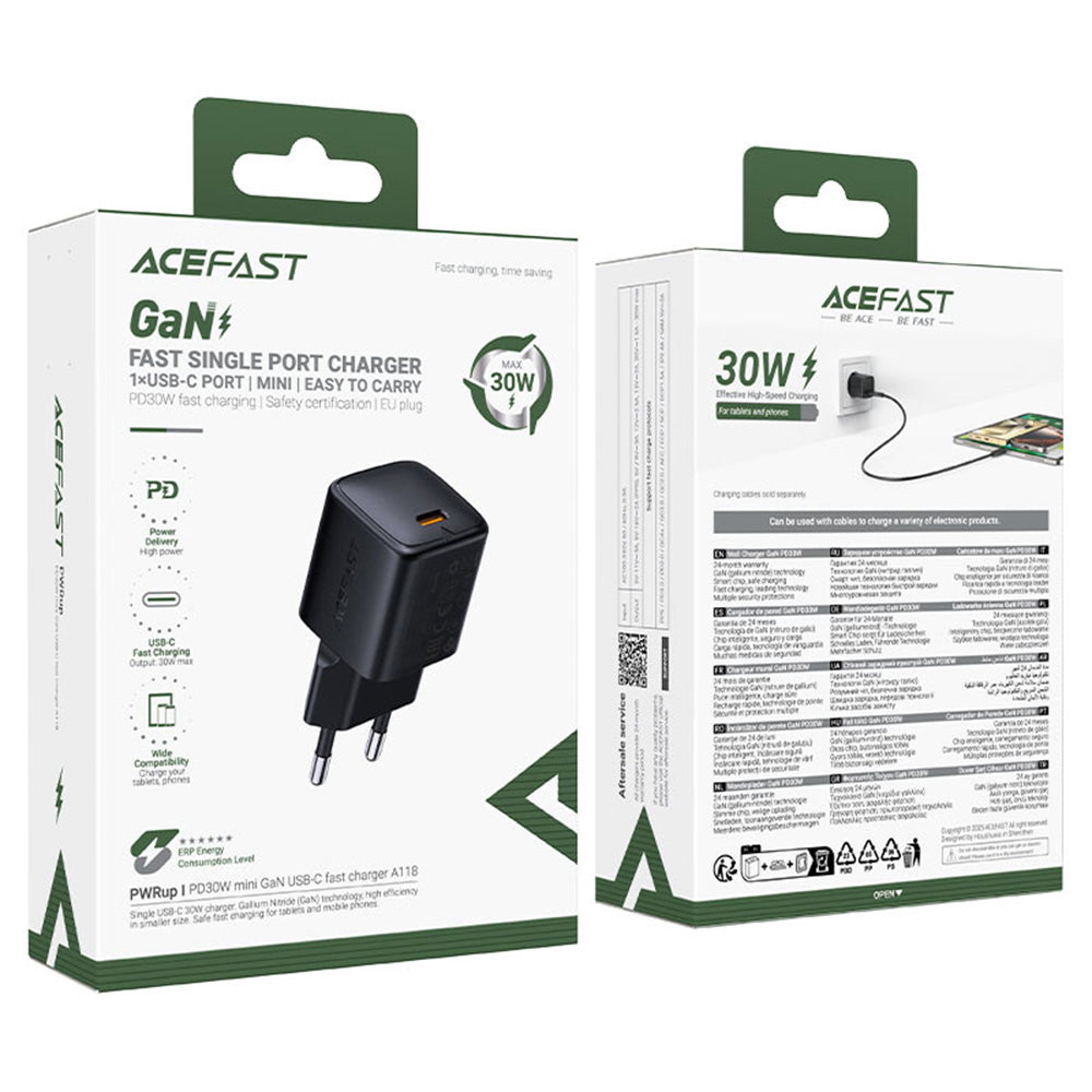 Cargador de Red Acefast A118, 30W, 3A, 1 x USB-C, Negro
