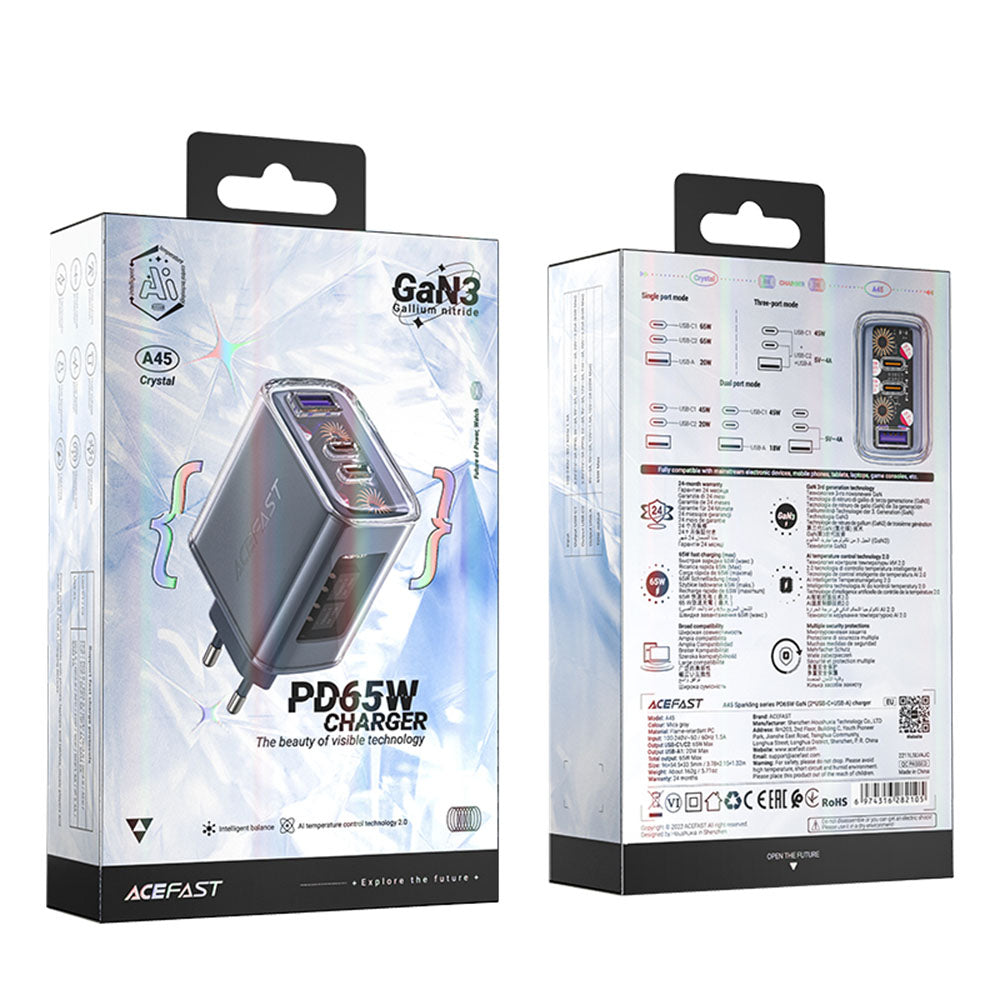 Cargador de Red Acefast A45 Exploration, 65W, 3.25A, 1 x USB-A - 2 x USB-C, Gris