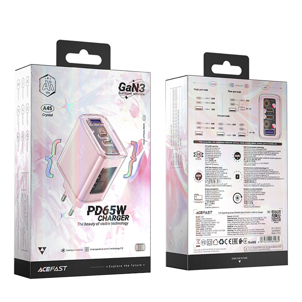 Cargador de Red Acefast A45 Exploration, 65W, 3.25A, 1 x USB-A - 2 x USB-C, Rosa