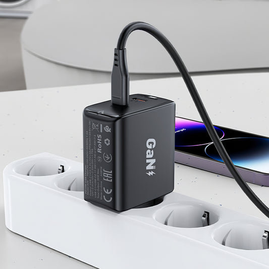 Cargador de red Acefast A49, 35W, 3A, 2 x USB-C, Negro