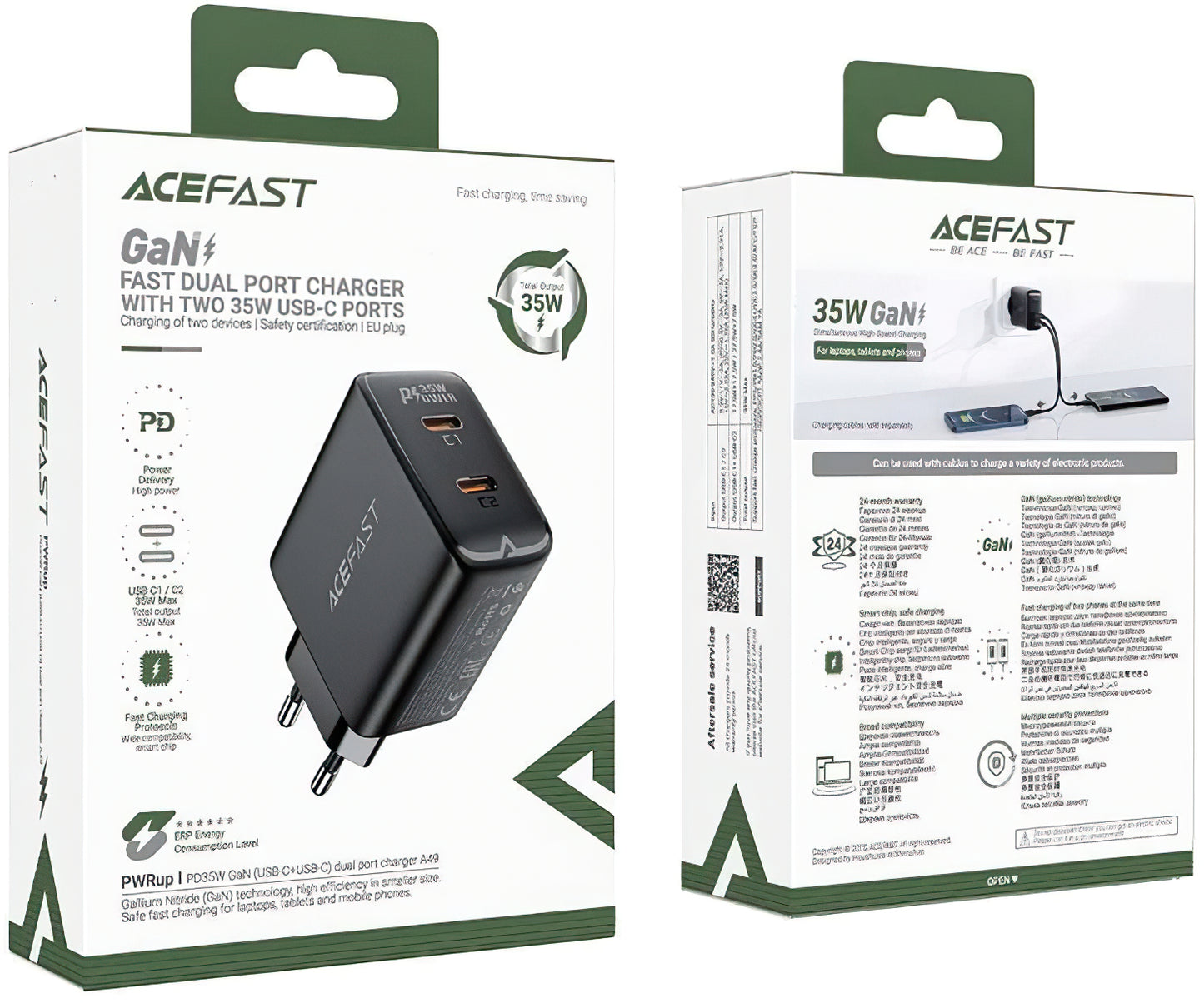 Cargador de red Acefast A49, 35W, 3A, 2 x USB-C, Negro