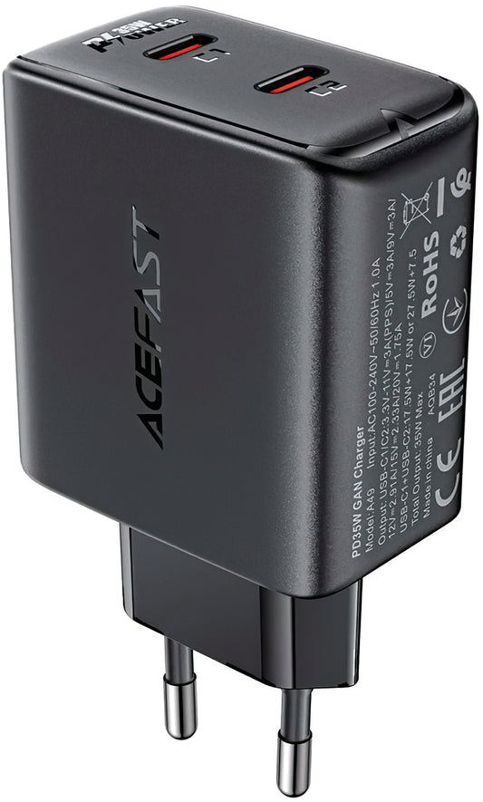 Cargador de red Acefast A49, 35W, 3A, 2 x USB-C, Negro
