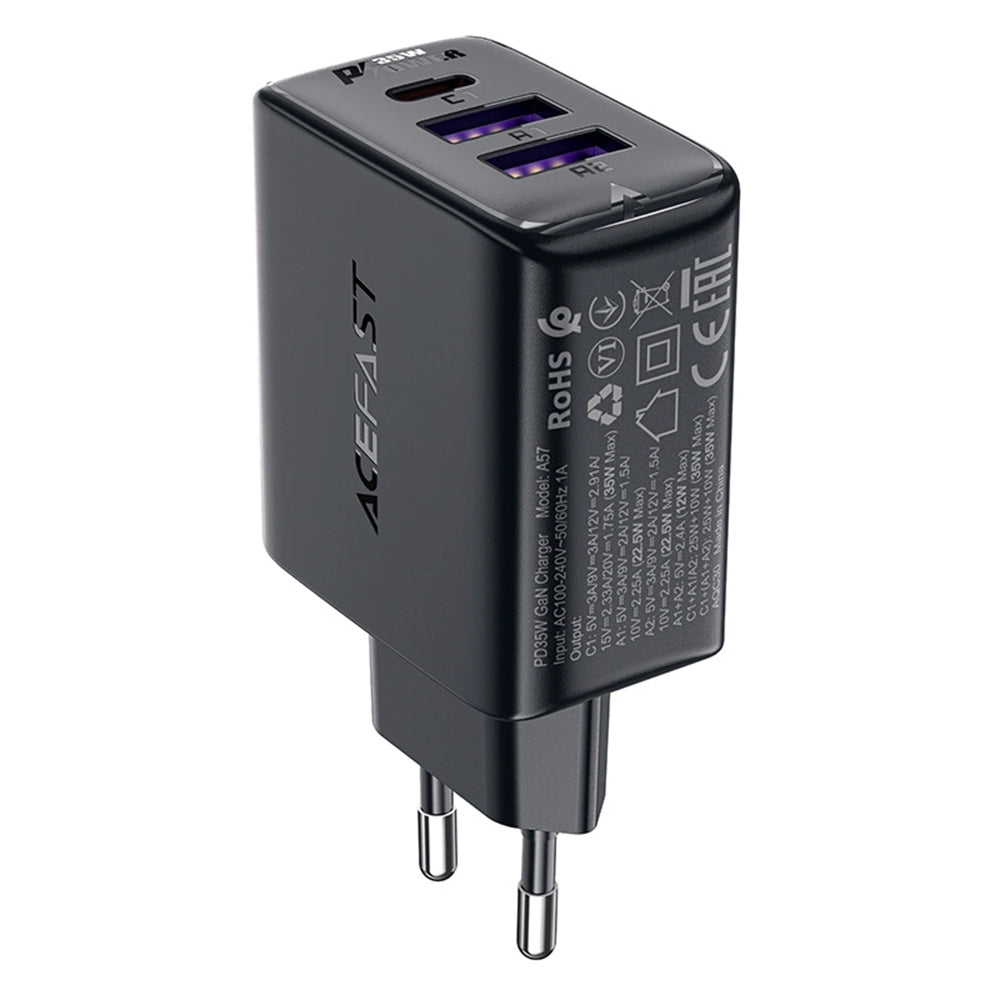 Cargador de Red Acefast A57, 35W, 3A, 2 x USB-A - 1 x USB-C, Negro