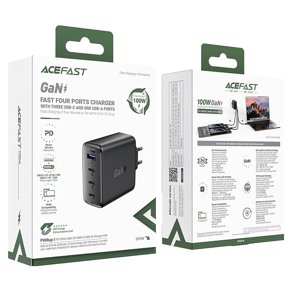 Cargador de Red Acefast A94, 100W, 5A, 1 x USB-A - 3 x USB-C, Negro