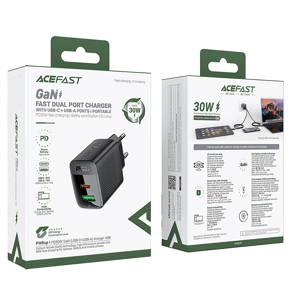 Cargador de Red Acefast A98, 30W, 3A, 1 x USB-A - 1 x USB-C, Negro