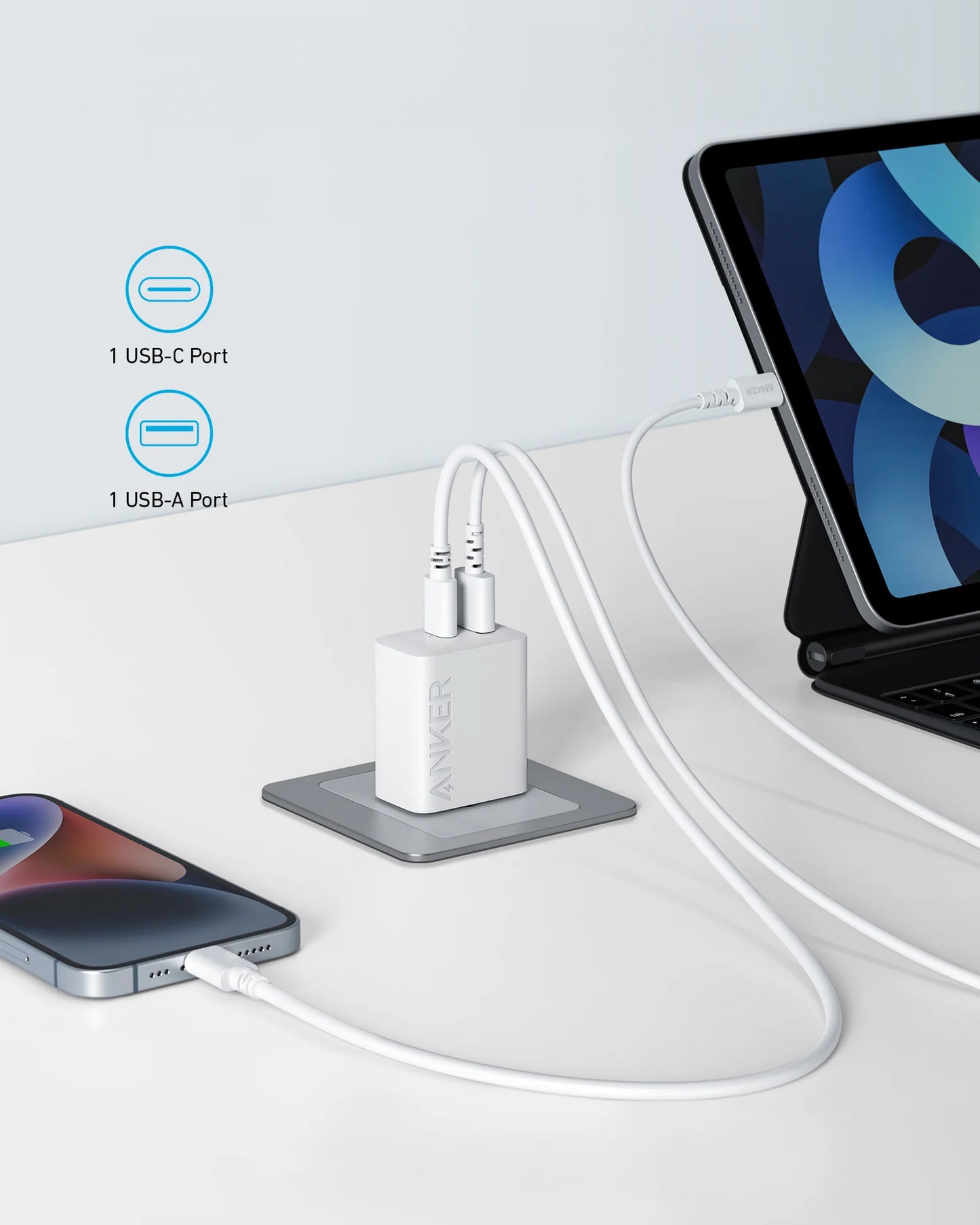 Cargador de red Anker 312, 20W, 3A, 1 x USB-A - 1 x USB-C, Blanco A2348G21