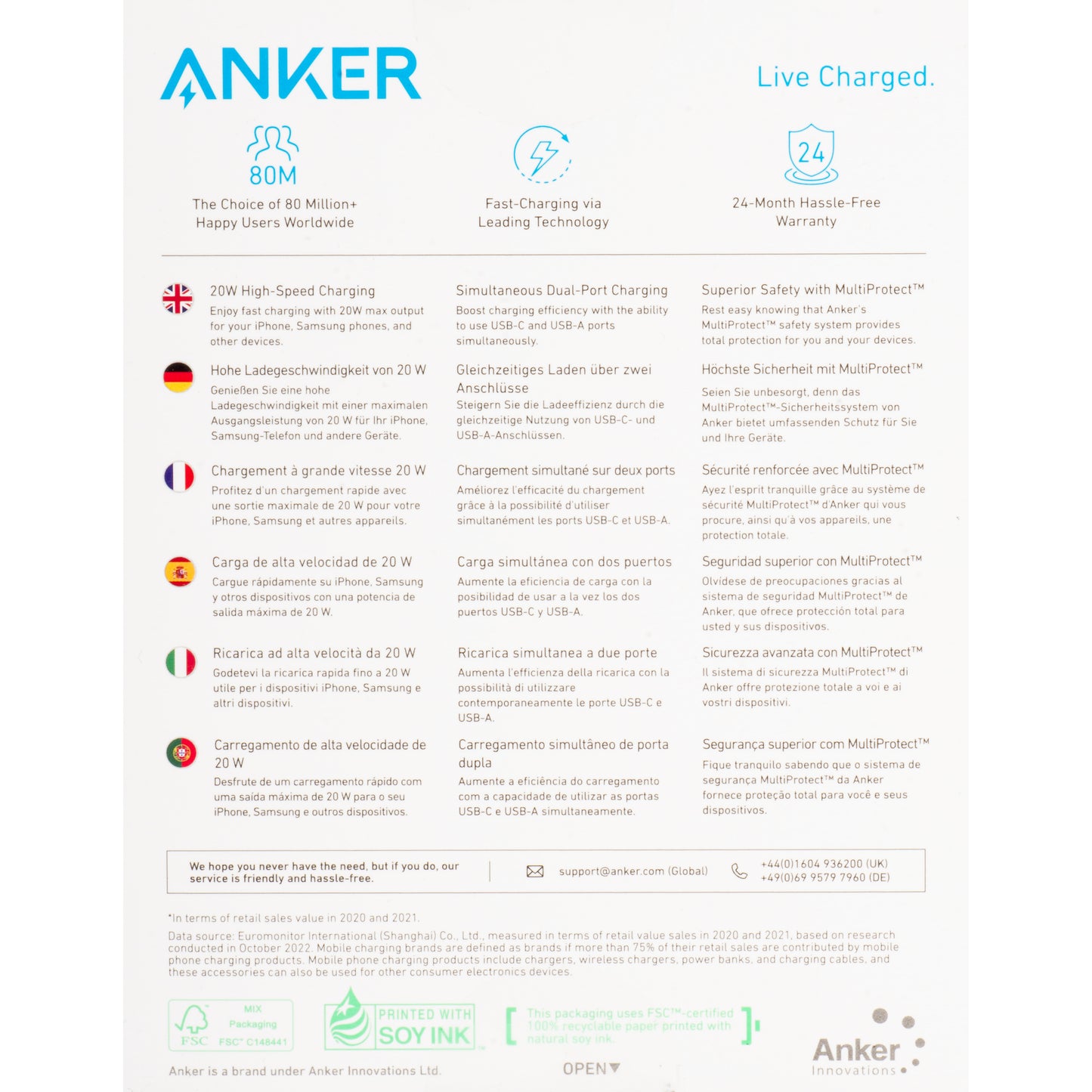 Cargador de red Anker 312, 20W, 3A, 1 x USB-A - 1 x USB-C, Blanco A2348G21