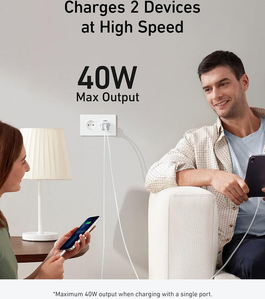 Cargador de red Anker 521 Nano Pro, 40W, 3A, 2 x USB-C, Blanco A2038G21