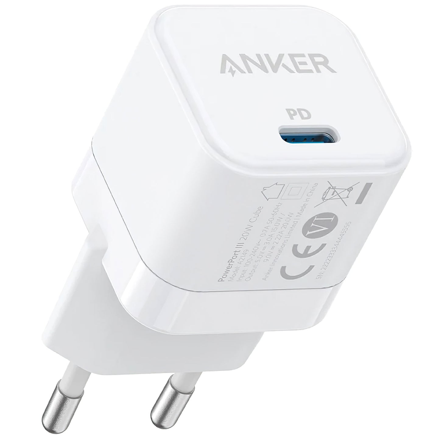 Cargador de red Anker PowerPort III Cube, 20 W, 3 A, 1 x USB-C, blanco A2149G21