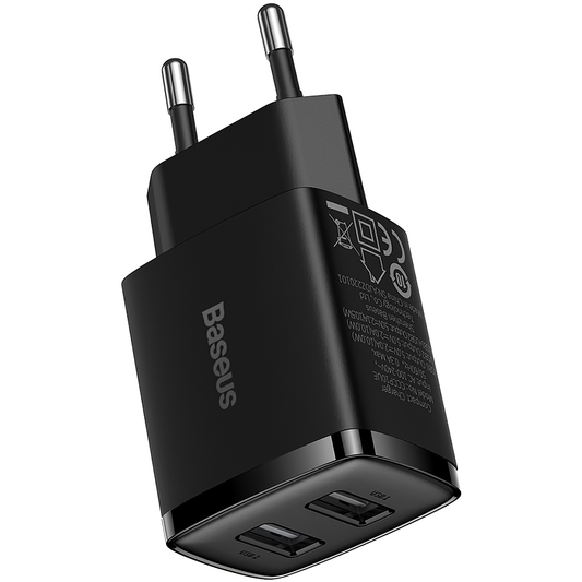 Cargador de red compacto Baseus, 10,5 W, 2,1 A, 2 x USB-A, negro CCXJ010201