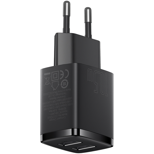 Cargador de red compacto Baseus, 10,5 W, 2,1 A, 2 x USB-A, negro CCXJ010201
