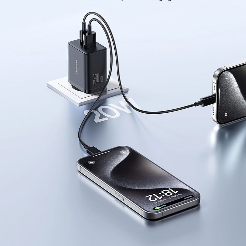 Cargador de red Baseus Cube, 20 W, 3 A, 1 x USB-A - 1 x USB-C, negro P10111403113113-00