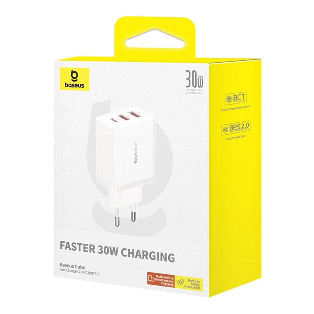 Cargador de Red Baseus Cube, 30W, 3A, 2 x USB-A - 1 x USB-C, Blanco P10111402213-00