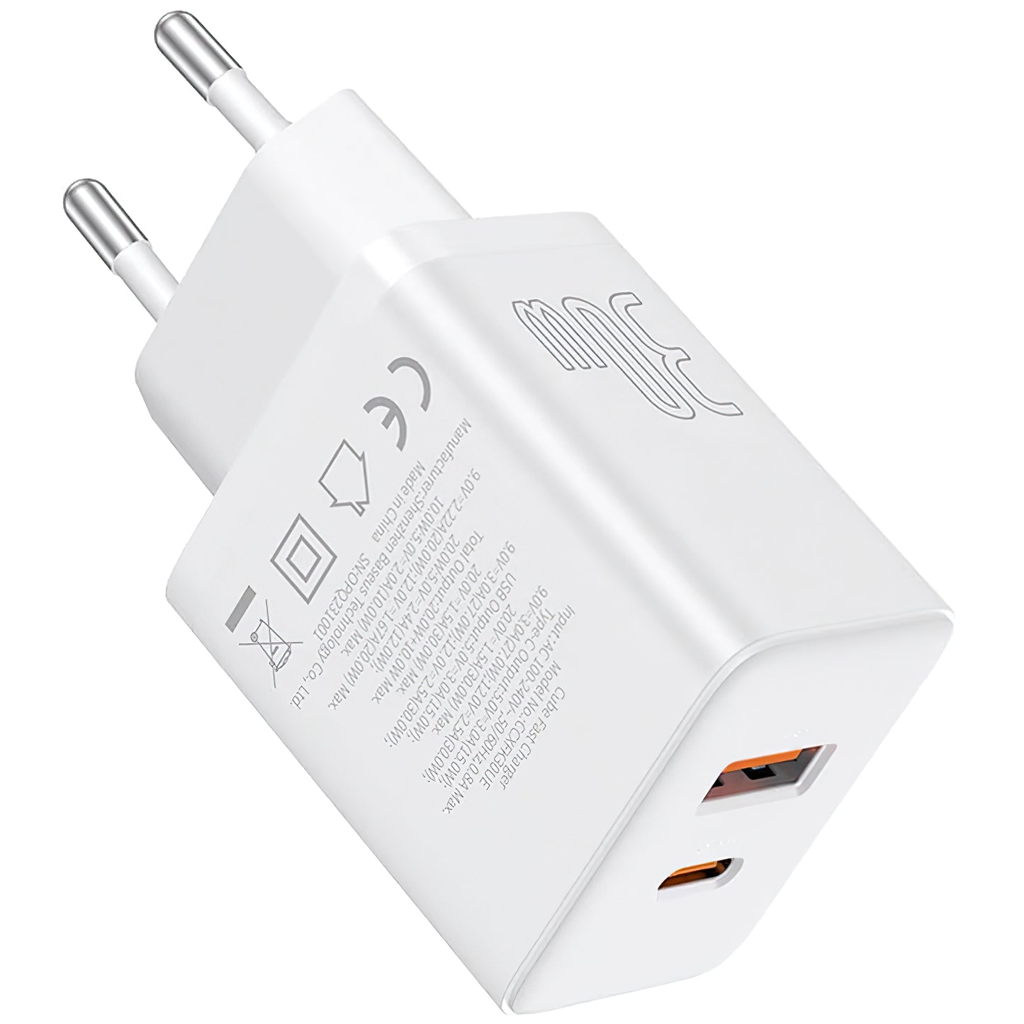 Cargador de red Baseus Cube, 30 W, 2,4 A, 1 x USB-A - 1 x USB-C, blanco P10111404213-00
