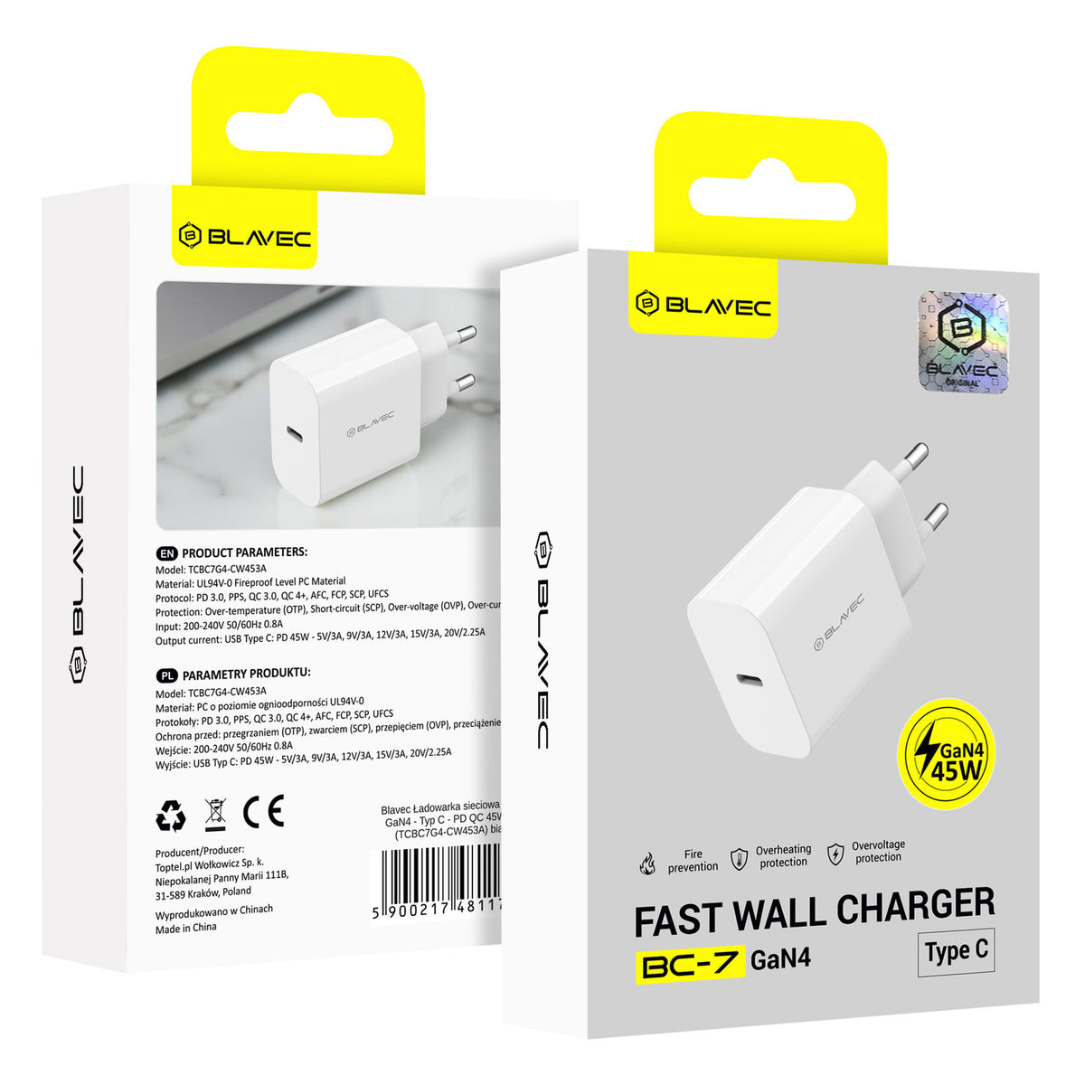 Cargador de Red Blavec BC-7, 45W, 3A, 1 x USB-C, Blanco