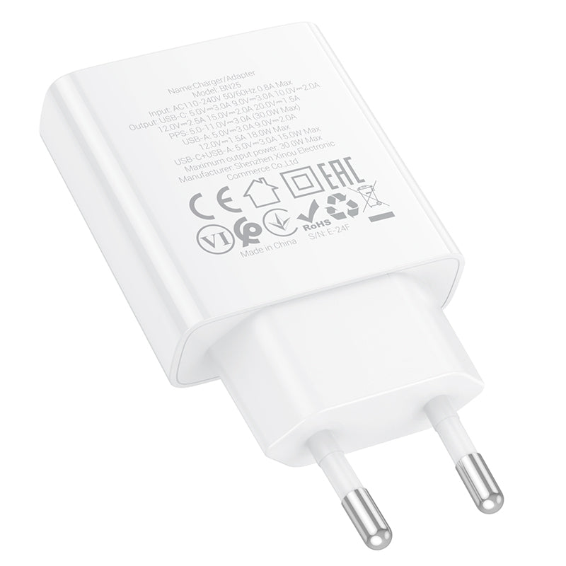 Cargador de red Borofone BN25 Wish, 30W, 3A, 1 x USB-A - 1 x USB-C, Blanco