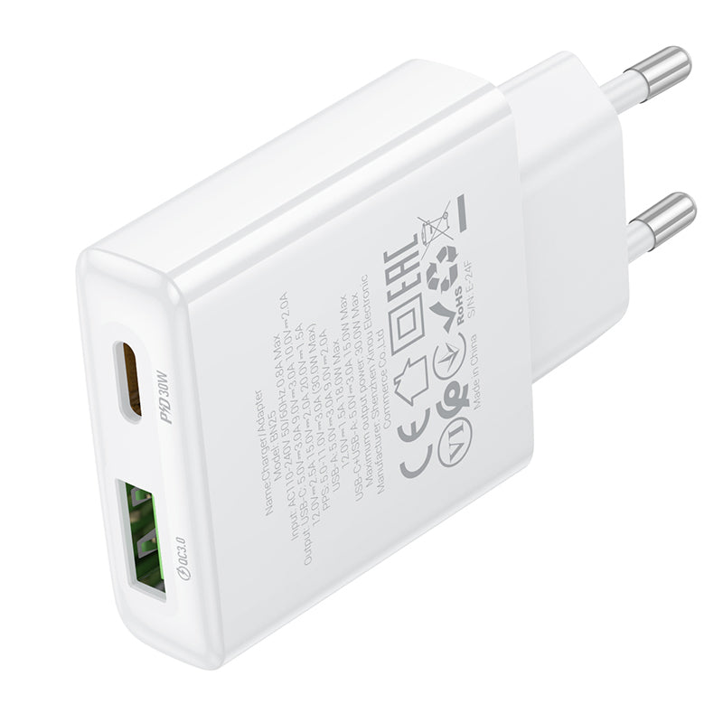 Cargador de red Borofone BN25 Wish, 30W, 3A, 1 x USB-A - 1 x USB-C, Blanco