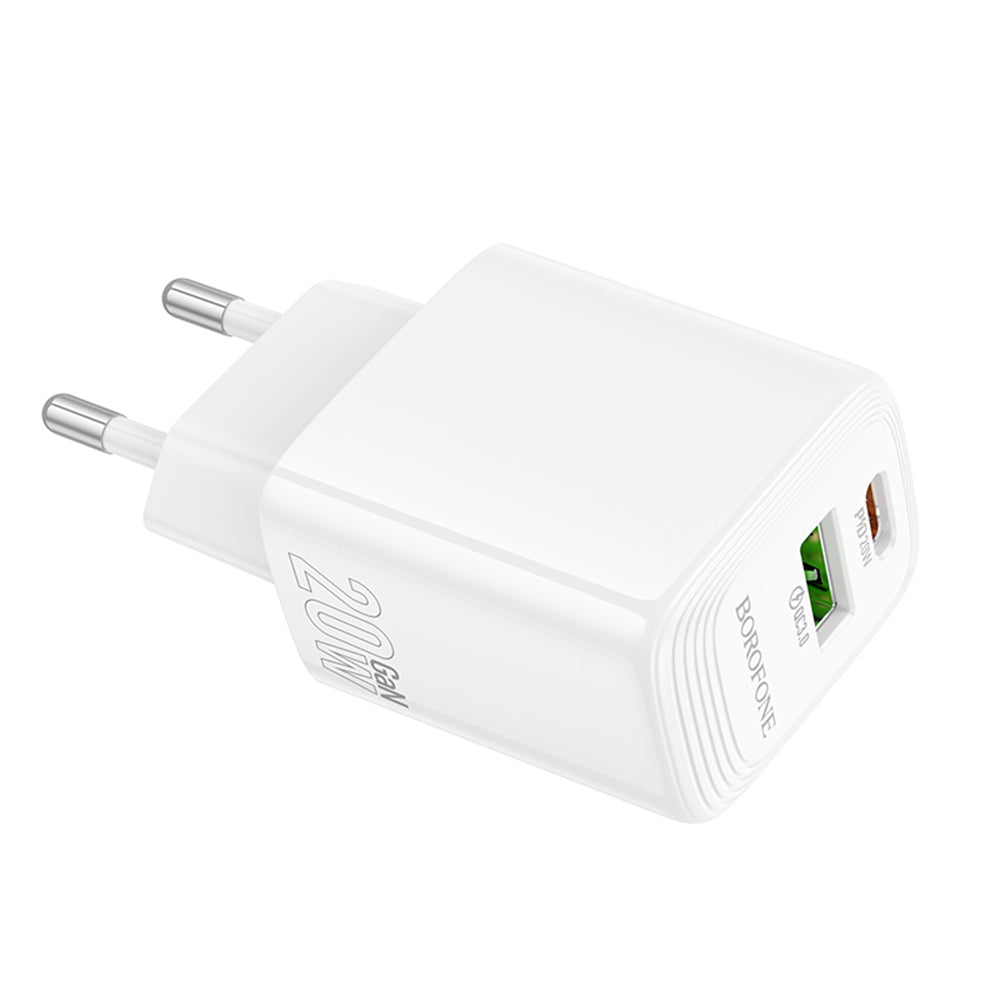 Cargador de Red Borofone BN27 Fuente, 20W, 3A, 1 x USB-A - 1 x USB-C, Blanco