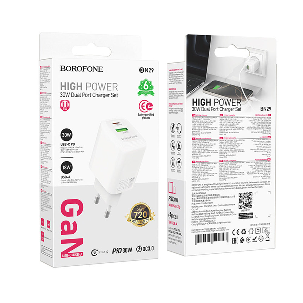 Cargador de Red Borofone BN29 Fuente, 30W, 3A, 1 x USB-A - 1 x USB-C, Blanco