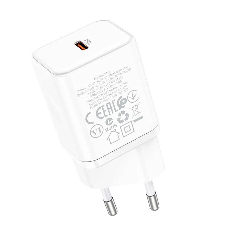 Cargador de Red Borofone BN6 Field, 20W, 3A, 1 x USB-C, Blanco